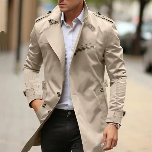 Men's mid-length cotton casual jacket with lapel collar in army green.