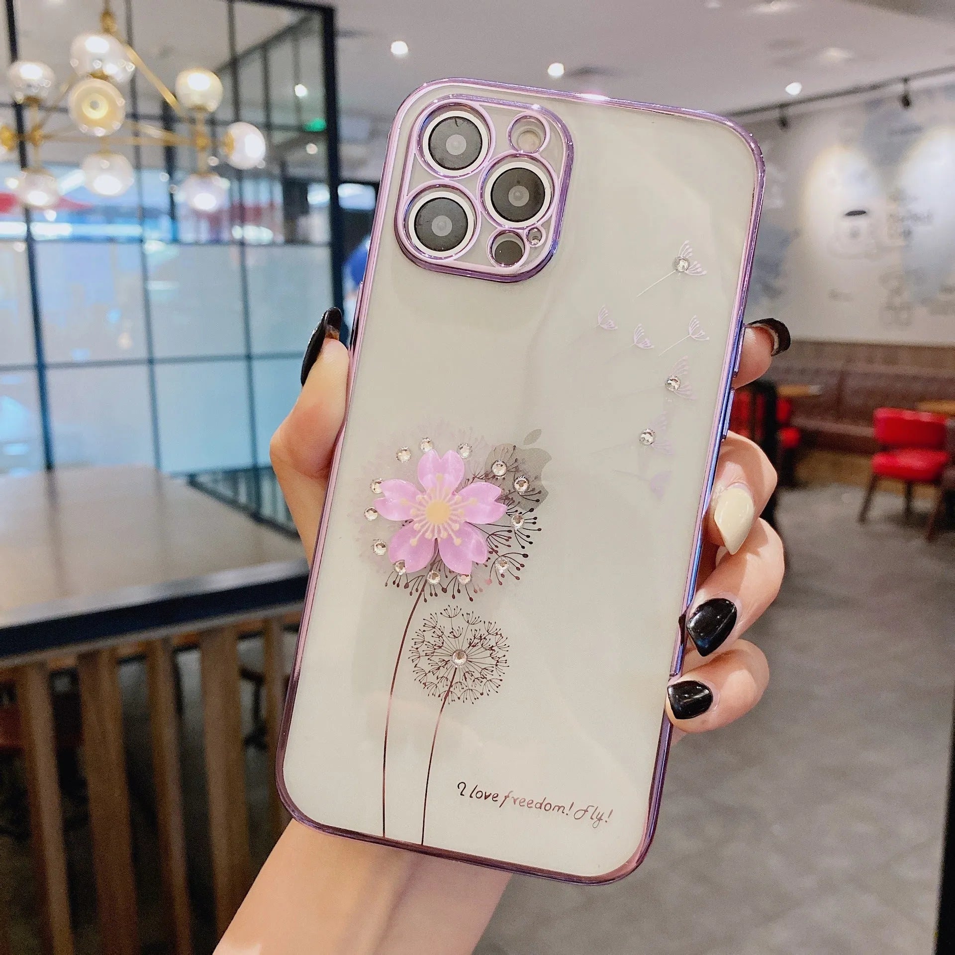 Green 3D floral design iPhone case with a spin stand unfolded on a white background.