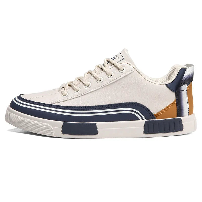 Men's beige and white canvas casual shoes with mesh sections, flat heel and round toe