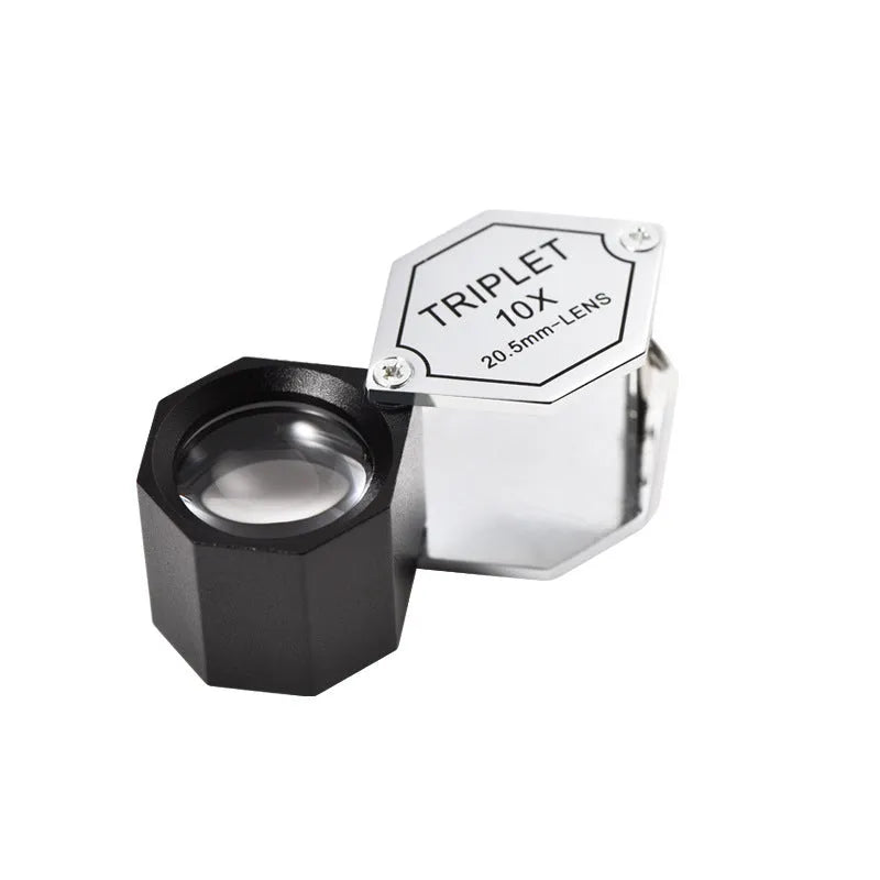 Handheld portable magnifying glass with metal body and optical glass lens for jewellery and coin identification
