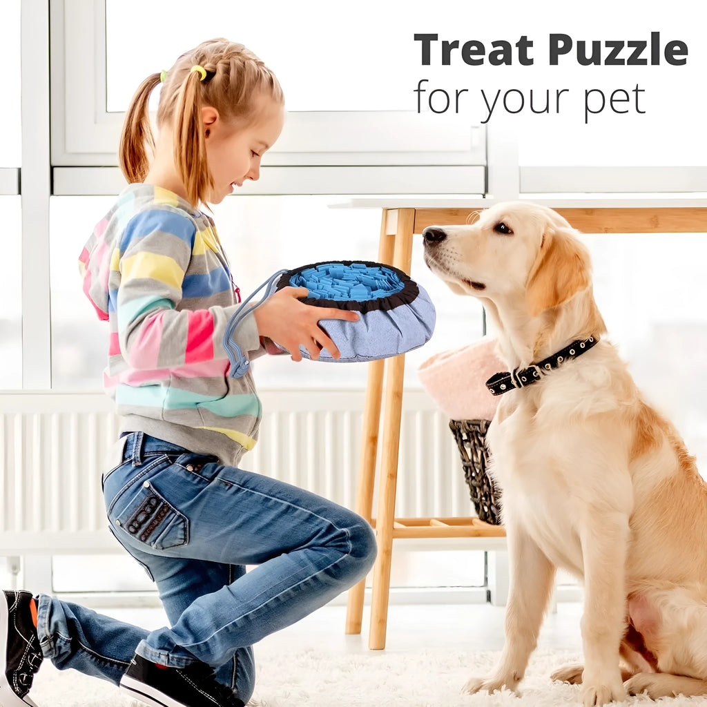 Blue and green adjustable fleece snuffle mats for dogs, shown with kibble scattered in the folds.