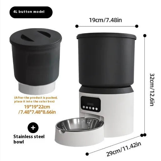 White 4-litre smart pet feeder with LCD screen, featuring a stainless steel bowl on a grey placemat.