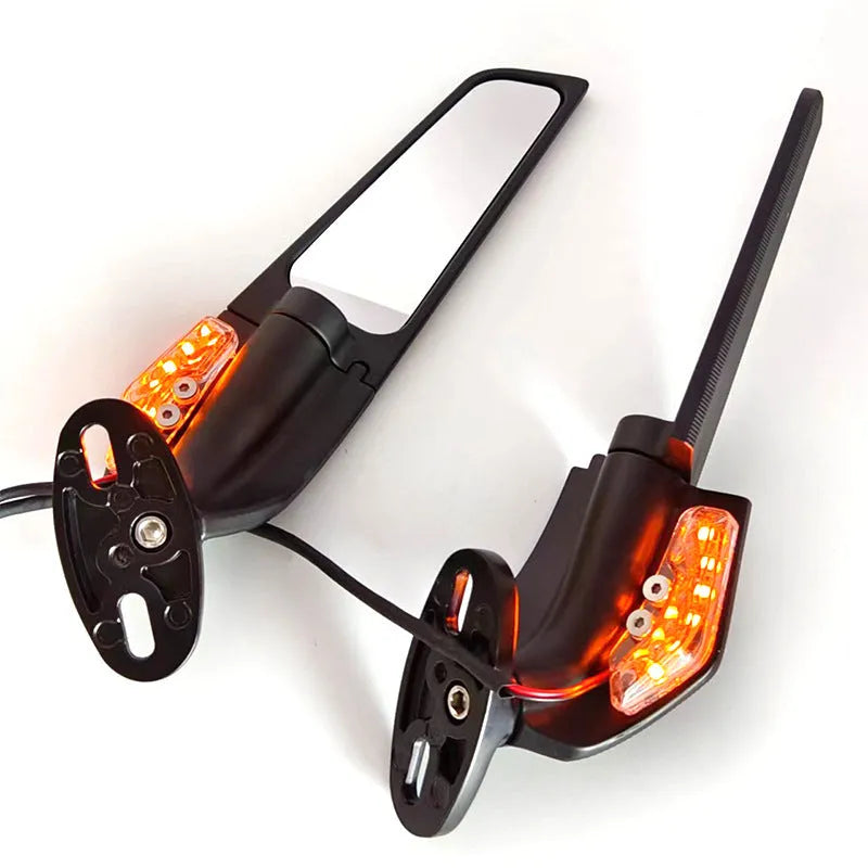 Pair of yellow motorcycle reflectors with convex glass lenses and aluminium alloy bodies for spoiler or mirror mounting.