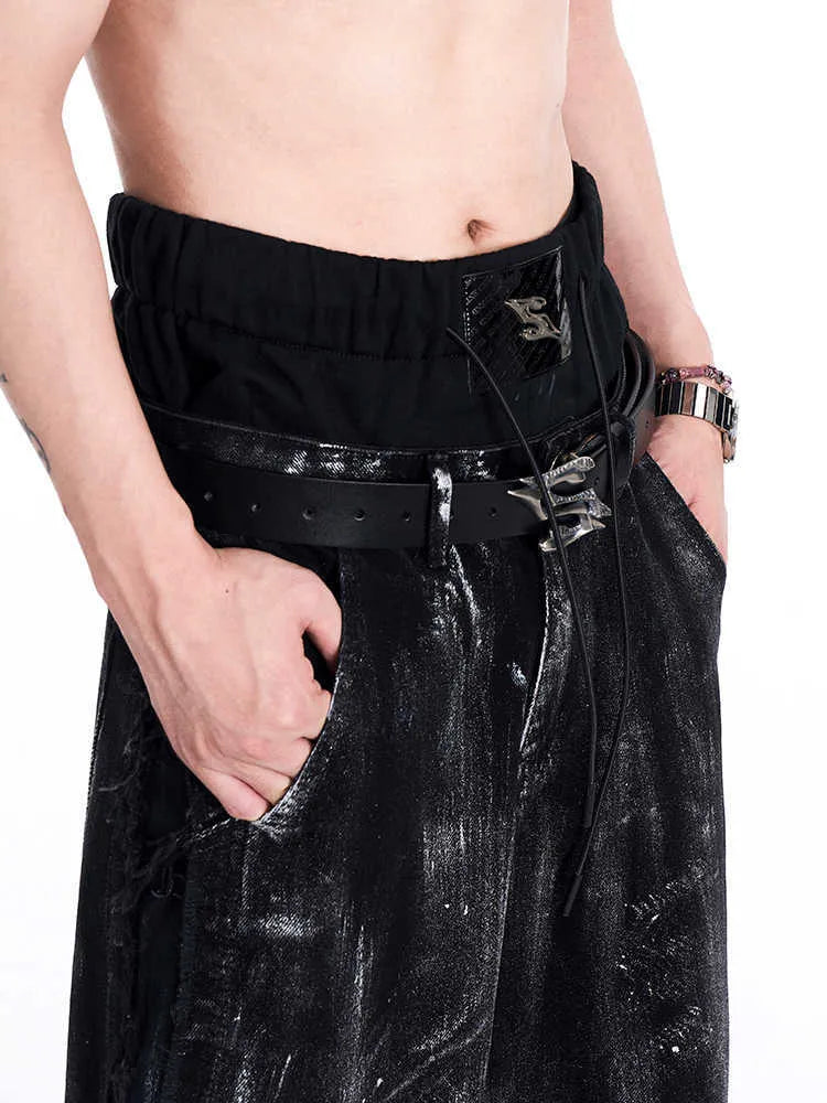 Black two-layer cowhide leather men's belt with metal letter buckle, length 110cm.