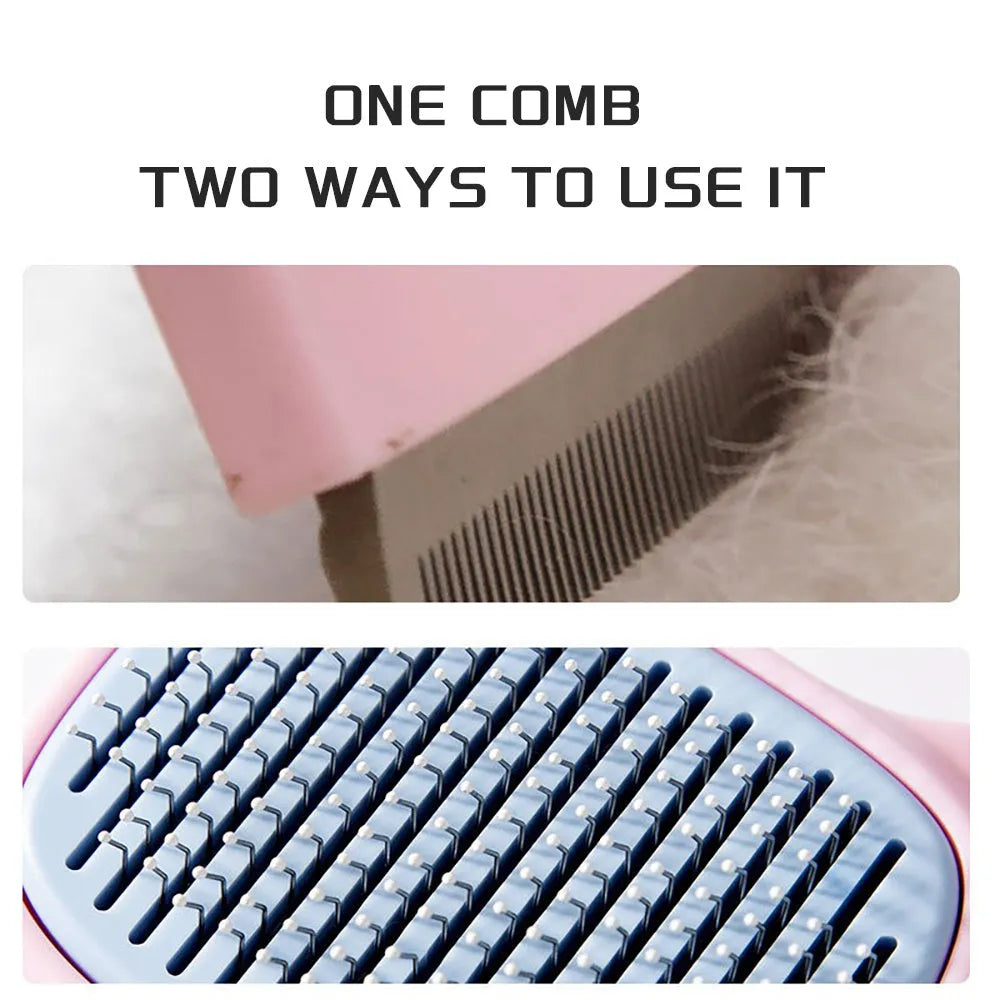 Blue pet grooming brush with double-sided deshedding rake and dematting comb tool