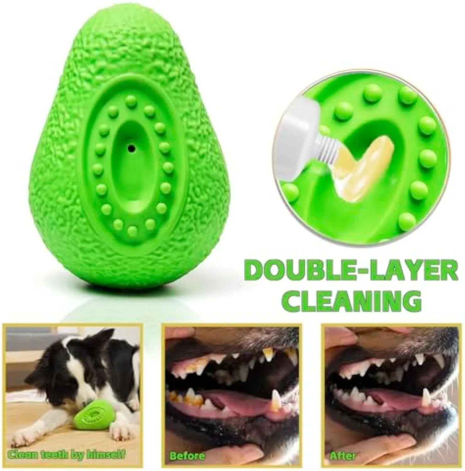 Green avocado-shaped rubber dog chew toy with textured surface for large aggressive chewers