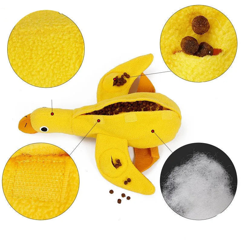 Yellow teddy bear dog toy with duck sound and treat compartments for training