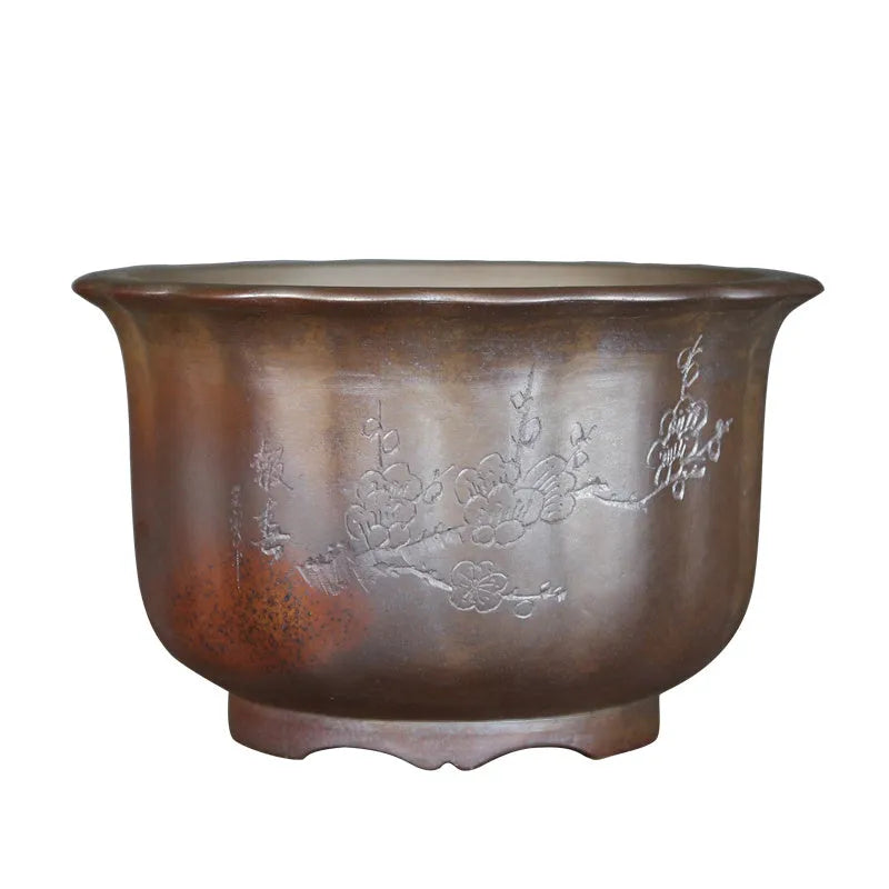 Purple sand ceramic flower pot with antique carved detailing and wood burning finish