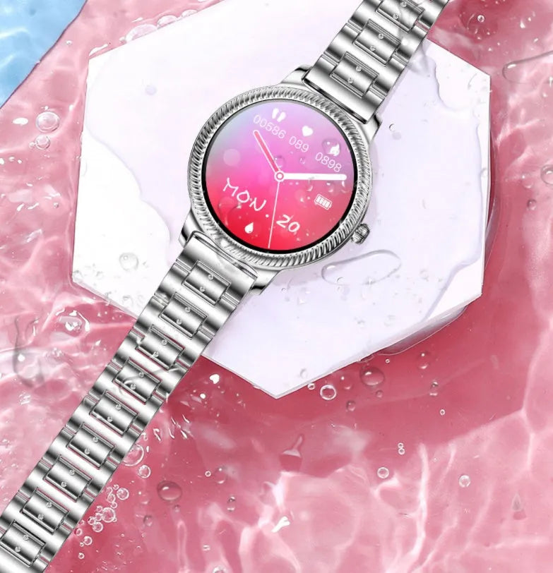 AK38 ladies smart watch with stainless steel Milanese band and 1.09-inch colour screen displaying time