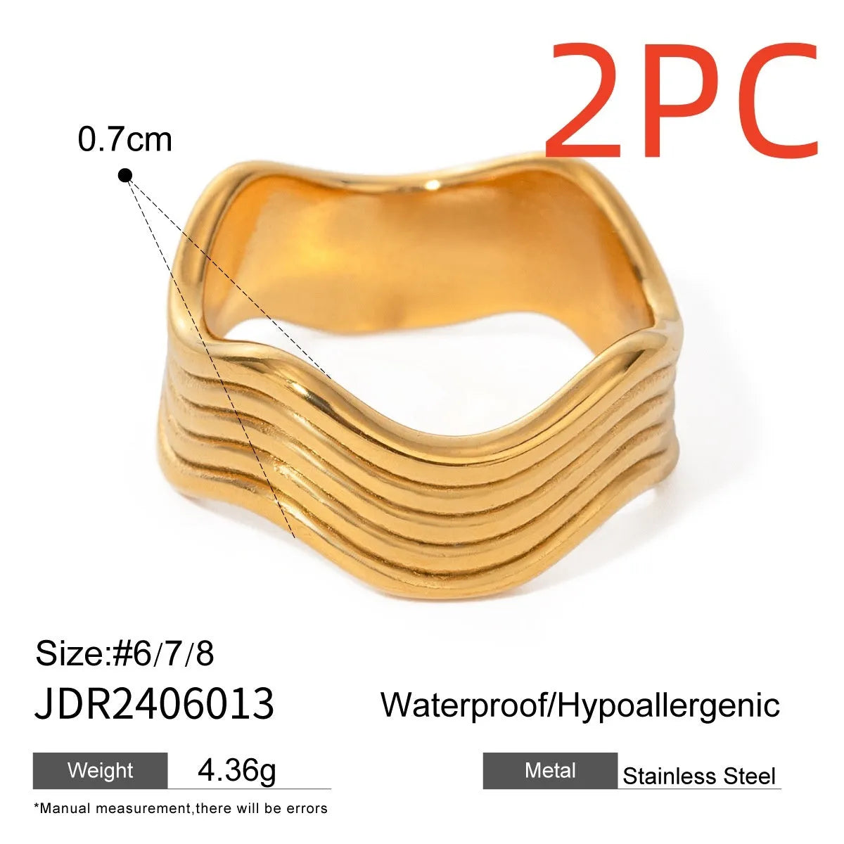 Stainless steel geometric wave ring with electroplated finish in gold or silver tone