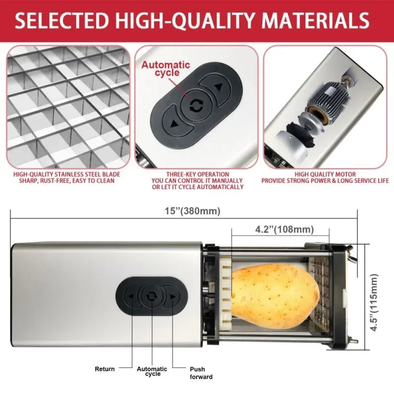 Electric French fry cutter stainless steel with two blades and black body, cutting potatoes and carrots.