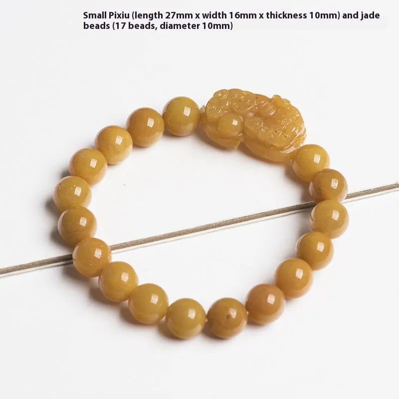 Golden thread jade bracelet with hand-carved money design showing two size options with jade beads