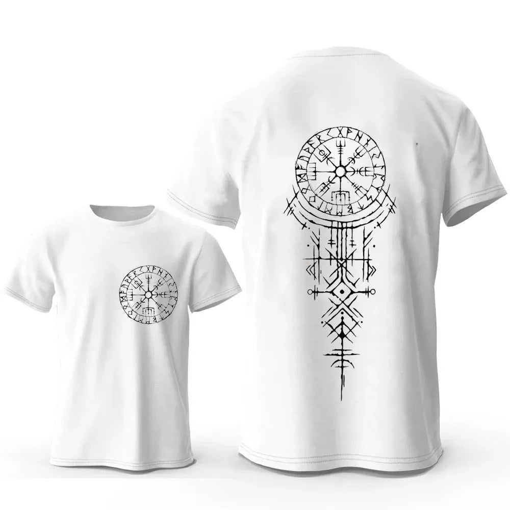 Viking rune compass design with smiling face on a men's pure cotton T-shirt.