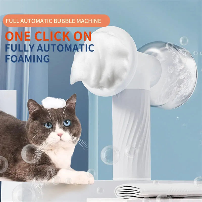 Automatic foaming dog bath brush with soap dispenser and silicone bristles on a white background
