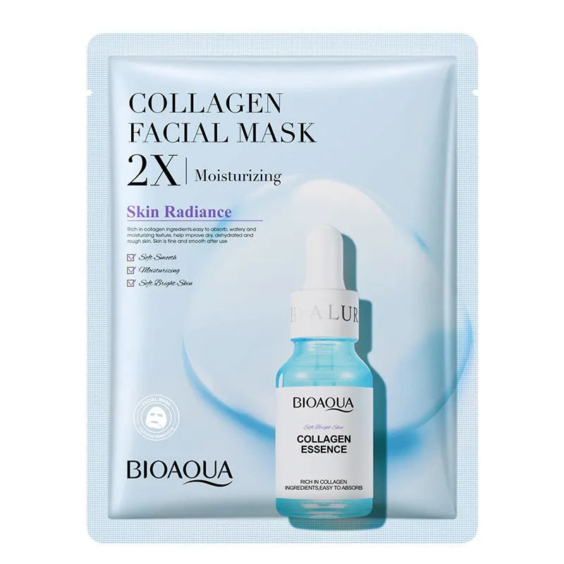 Single collagen hyaluronic acid facial sheet mask with 30g gel serum, shown on white background