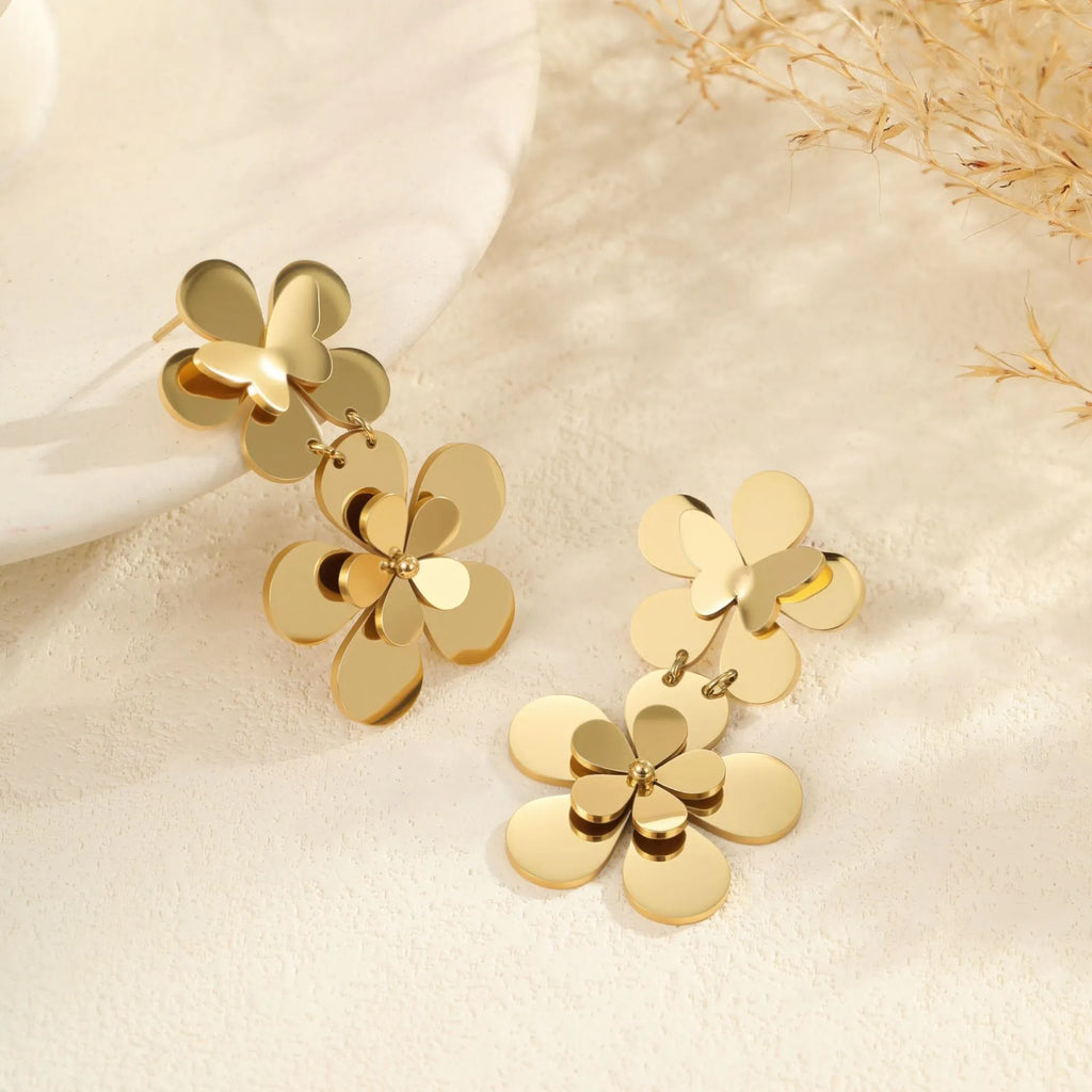 Gold flower butterfly stainless steel earrings with geometric animal zodiac designs for women