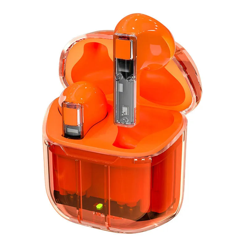 YX06 transparent case TWS wireless earphones in black, white, orange, and green colours.
