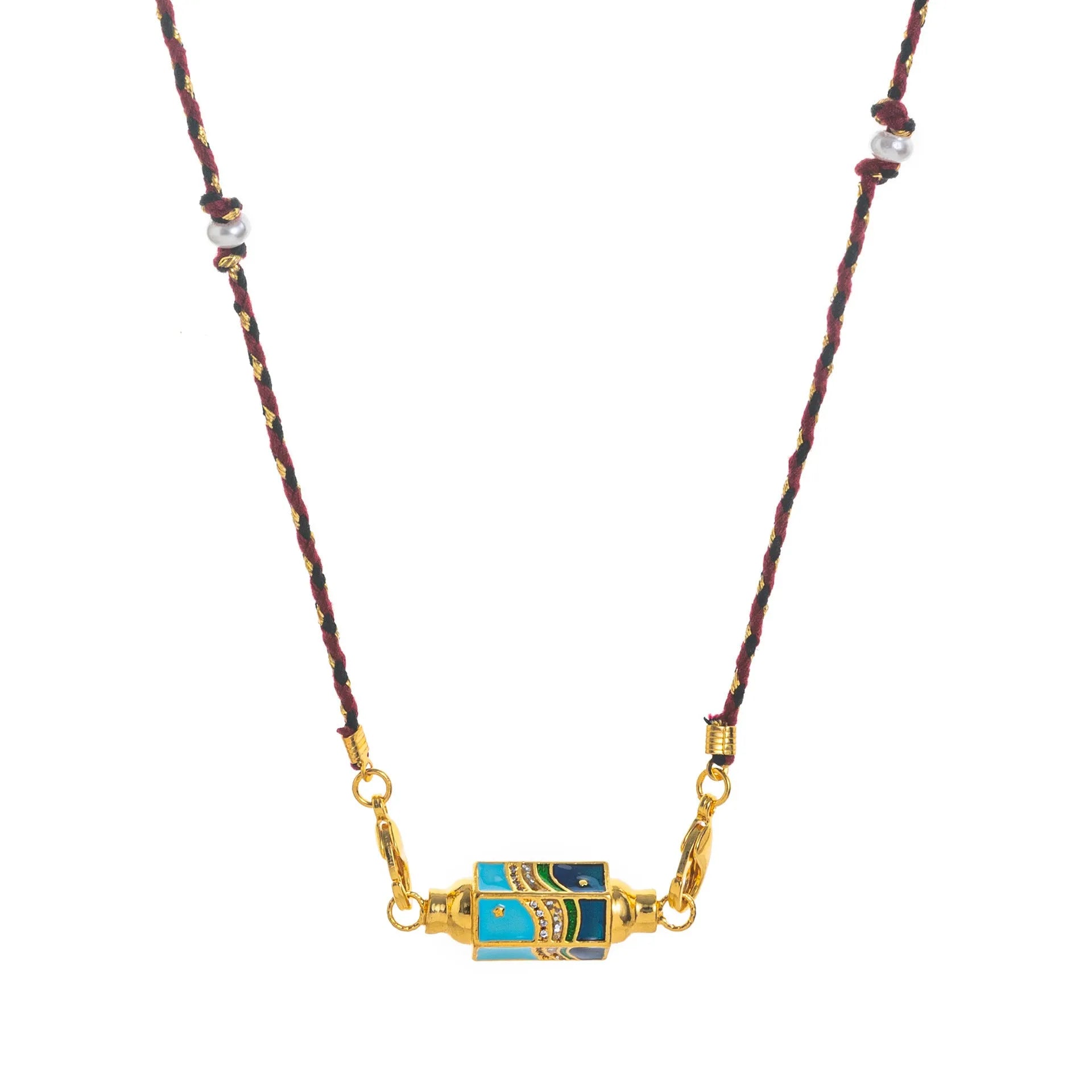 Copper geometry pendant necklace for men with star and eye motifs in blue colour on regular chain