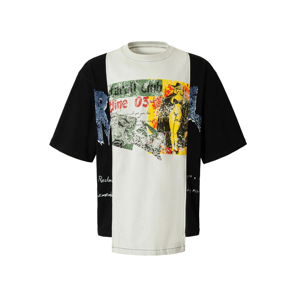 Black and white broken collage deconstruction printed T-shirt with short sleeves and loose fit