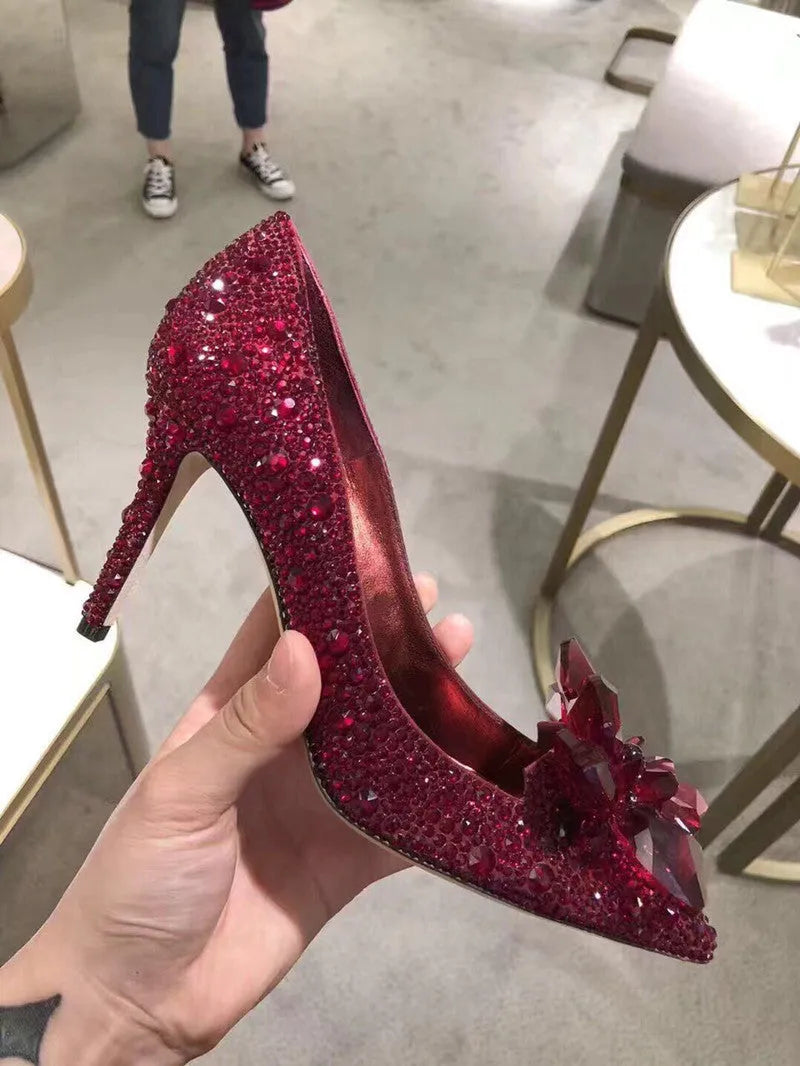 Gold women's pointed toe high heels with rhinestone decoration and stiletto heel