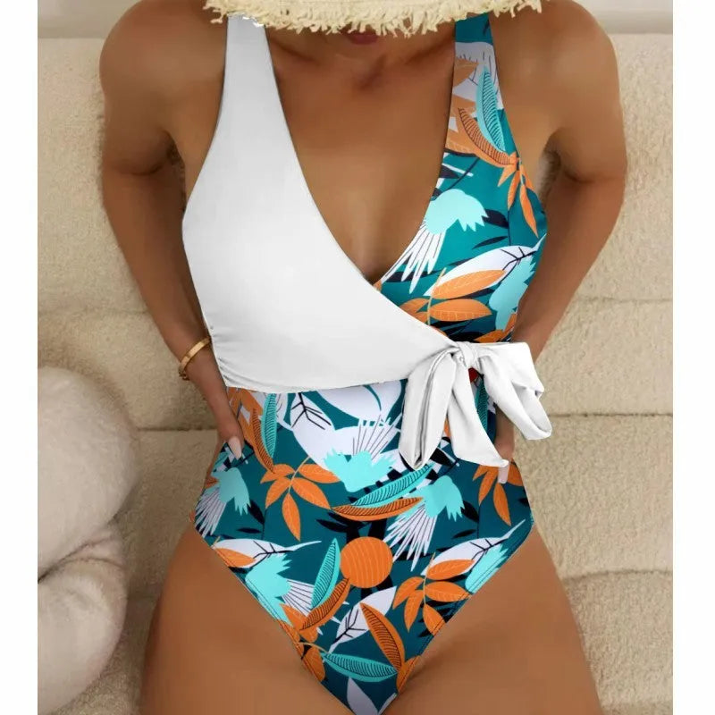Women's high-waisted one-piece swimsuit with printed pattern in quick-drying polyester nylon fabric