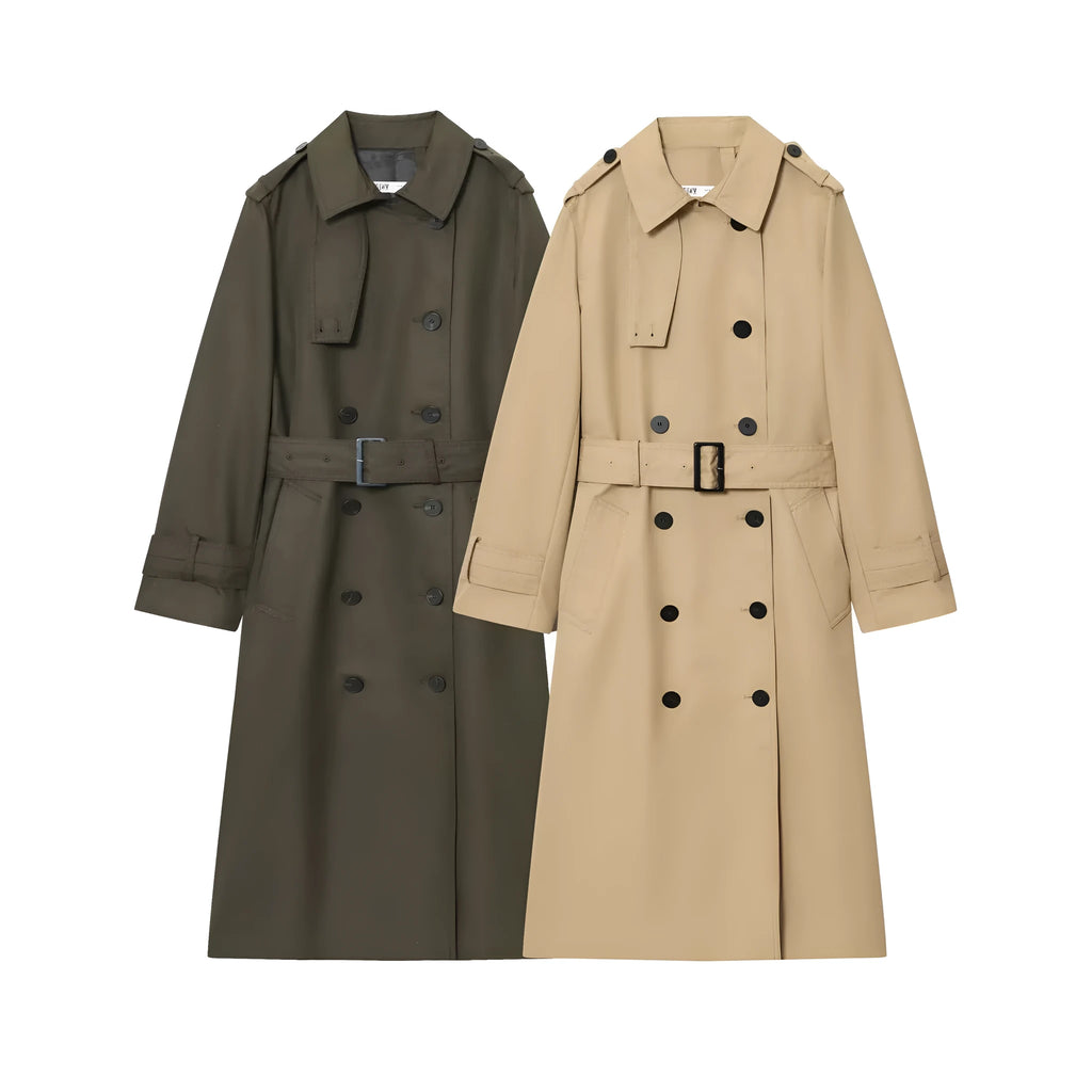 Women's long double breasted trench coat in khaki with drawstring waist and long sleeves