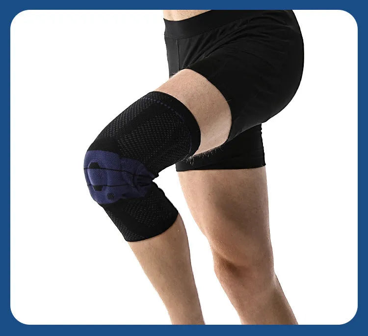 A pair of adult sports kneecaps in nylon and spandex, shown in black and blue colour, for knee protection.