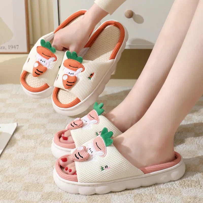 Cute carrot rabbit linen slippers with non-slip thick bottom in orange