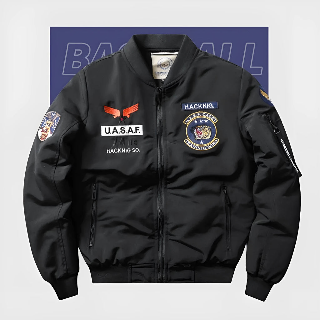Slim-fit stand collar retro embroidery cotton-padded coat in blue colour with patch pockets