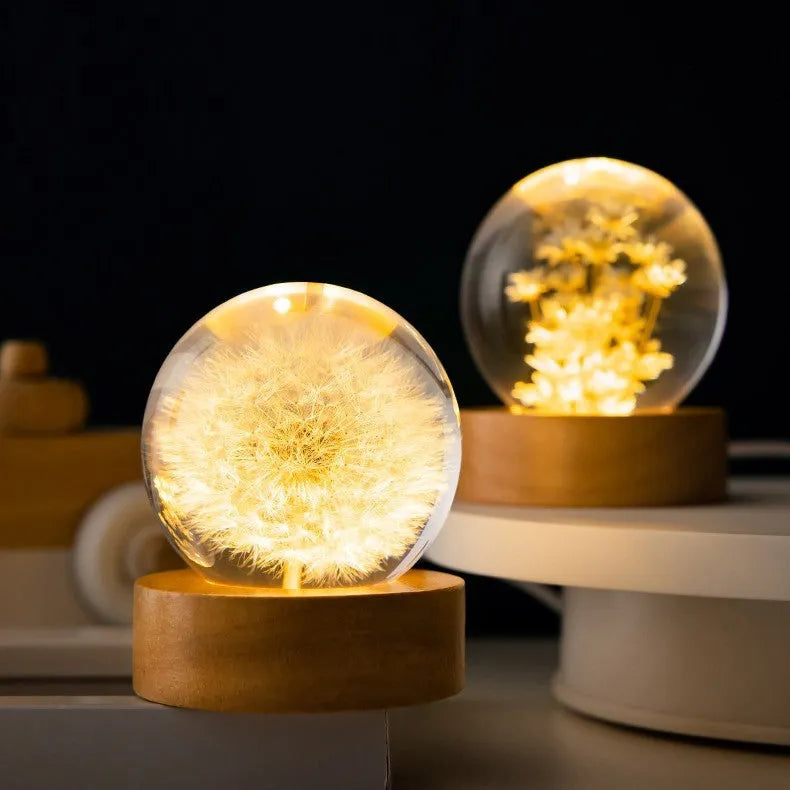 3D dandelion crystal ball night light on a beech wood stand, USB powered desktop ornament.