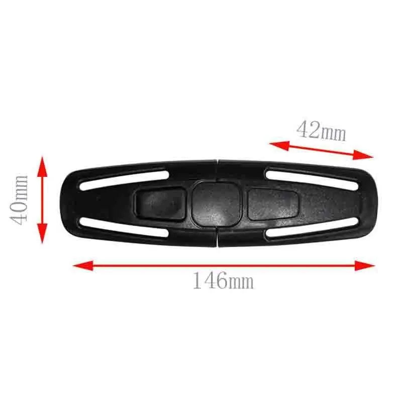 Black nylon child safety seat harness buckle clip for 5-point systems, measuring 14.5cm long.
