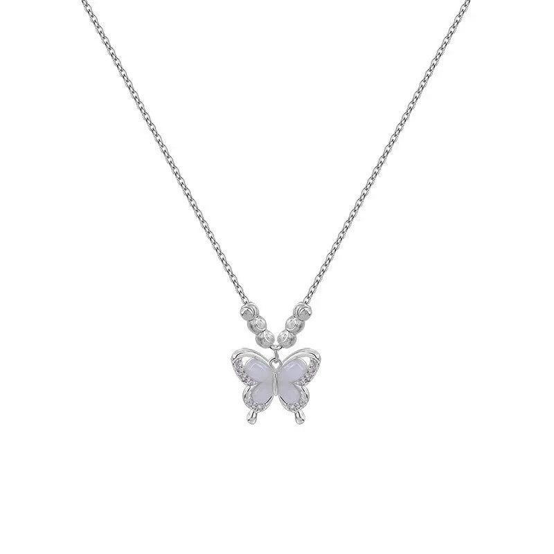 Women's square line opal butterfly necklace in 925 silver with a cross chain, shown in silver colour.