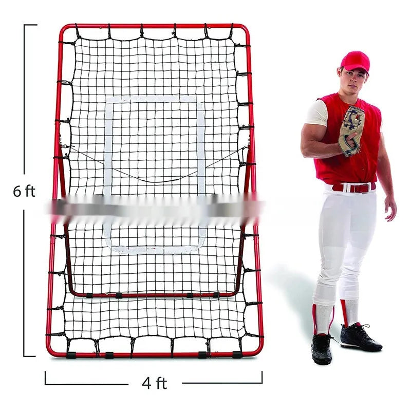 Red portable baseball training net with adjustable metal frame, shown folded for transport.