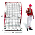 Red portable baseball training net with adjustable metal frame, shown folded for transport.