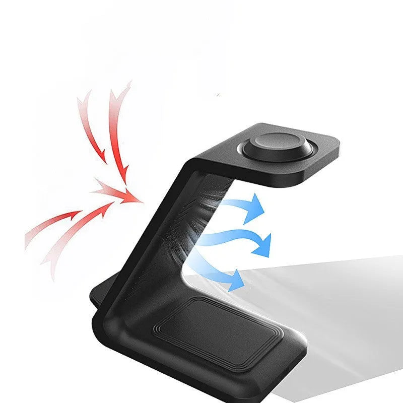 White upright wireless phone charger with dual coil design and phone in charging position