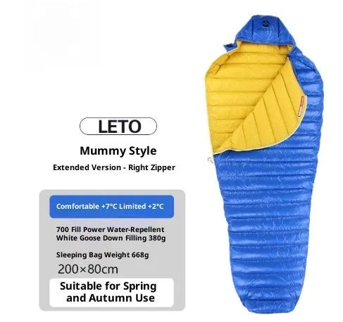 Ultralight goose down mummy sleeping bag in blue with nylon shell for outdoor camping adult use