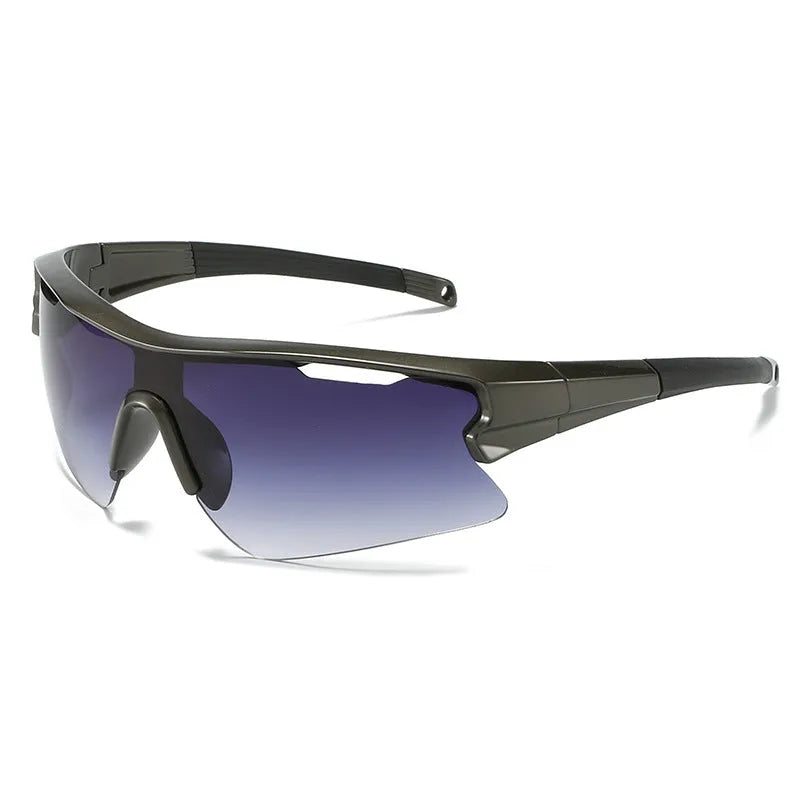 Windproof sports sunglasses with interchangeable lenses shown in black frame and grey lens option.