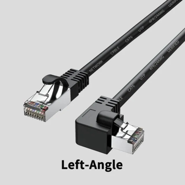 Cat6 Ethernet cable with angled RJ45 connectors in various colours and lengths on a grey background