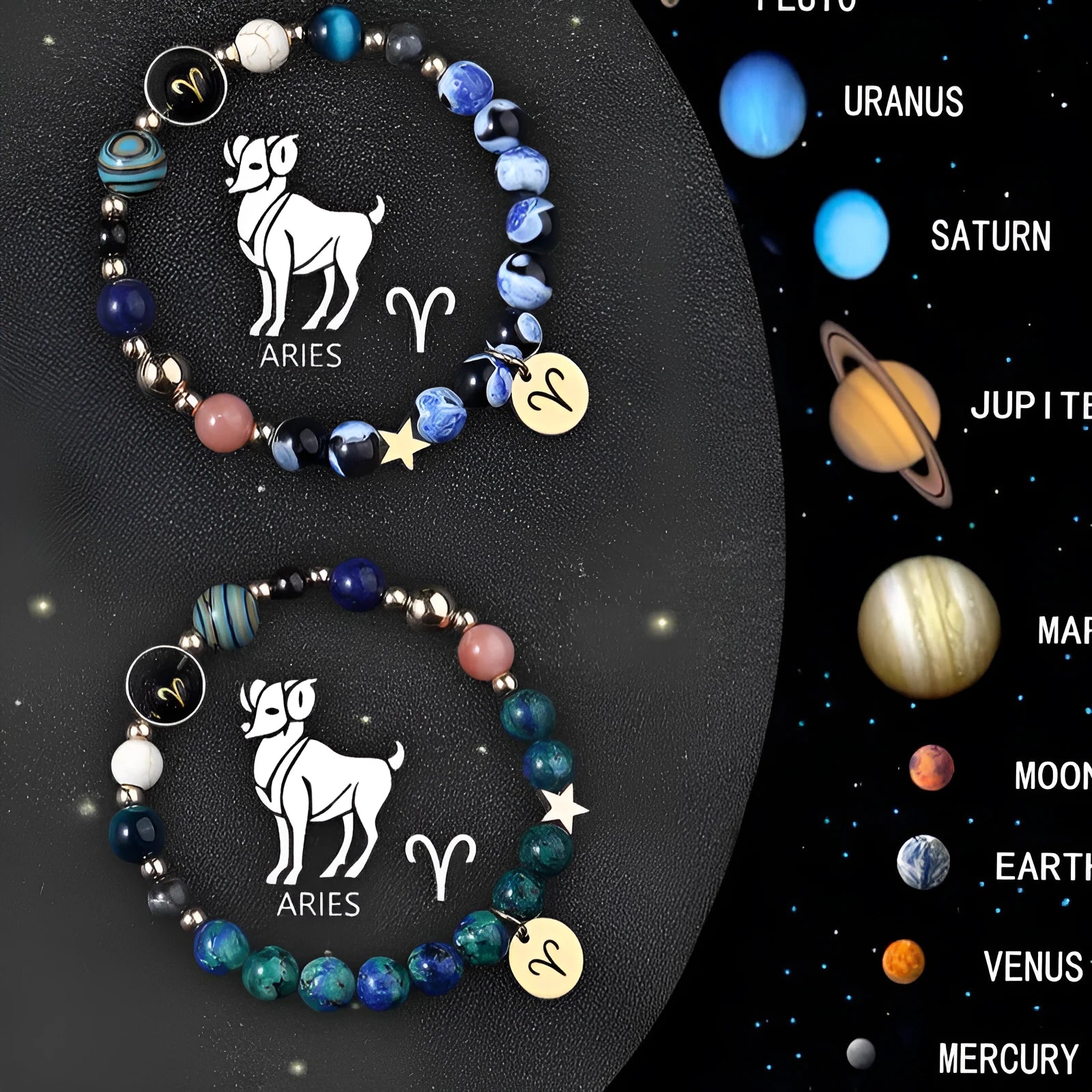 Two natural stone beaded bracelets showing Chinese zodiac animal signs including dragon and rabbit symbols