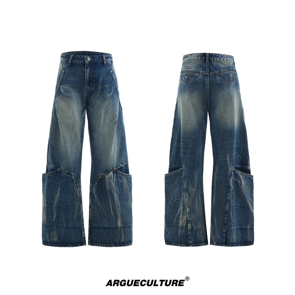 Men's verdant blue retro jeans with a curved knife cut and washed burst pattern