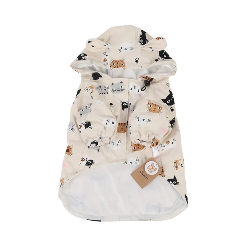 Beige dog raincoat with cartoon animal pattern waterproof PU material