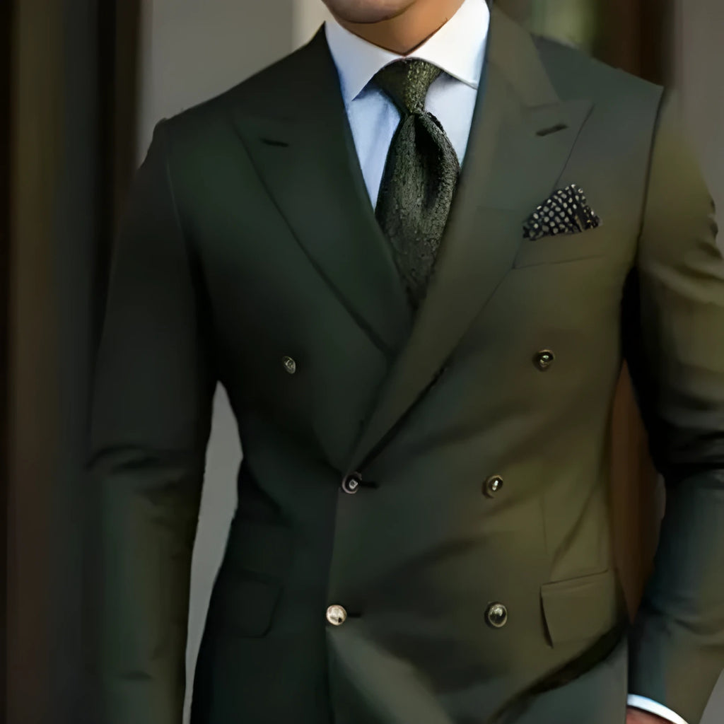 Men's light business two-piece suit jacket and trousers in a cotton blend fabric.