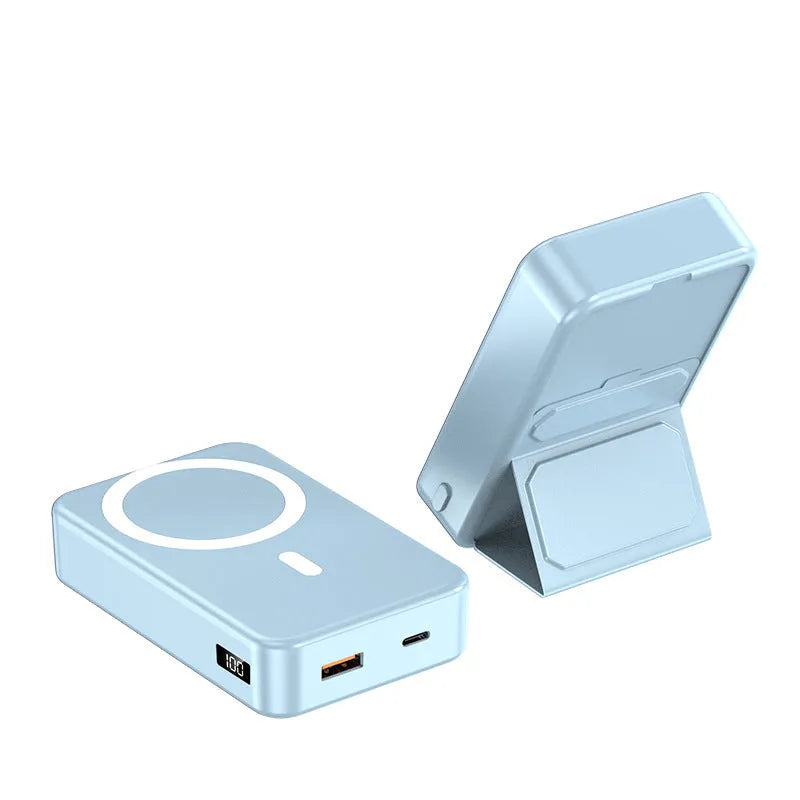 Magnetic wireless charging power bank with folding stand in pearl white colour.