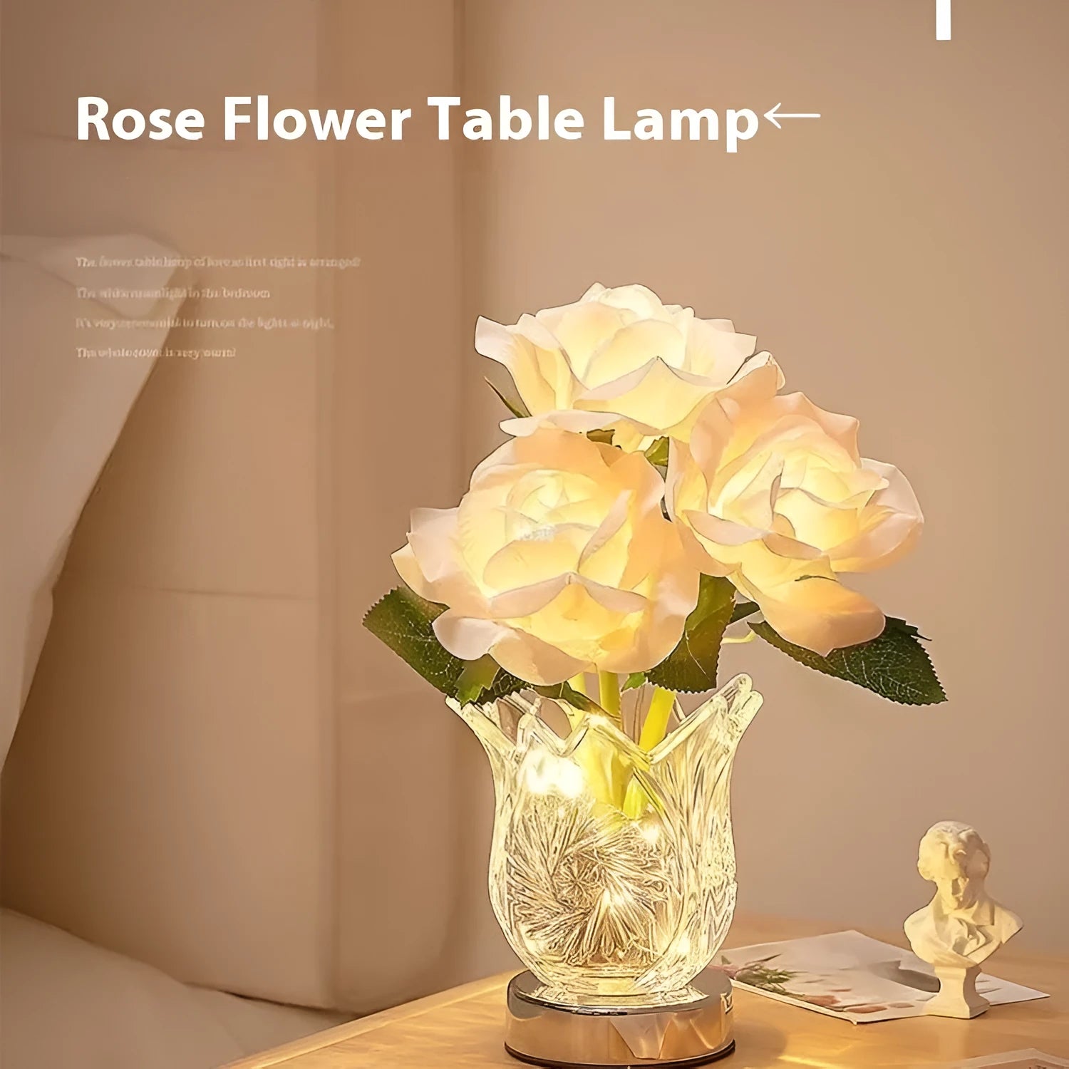 Crystal flowers decorative table lamp with USB charging port and touch-sensitive base for dimming.