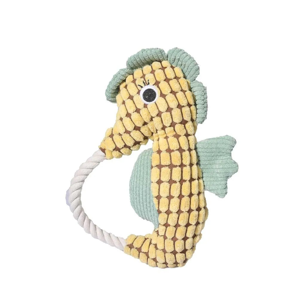 Pineapple velvet molar plush pet toy in yellow seahorse colour with squeaker, 16.5 x 23.5 cm