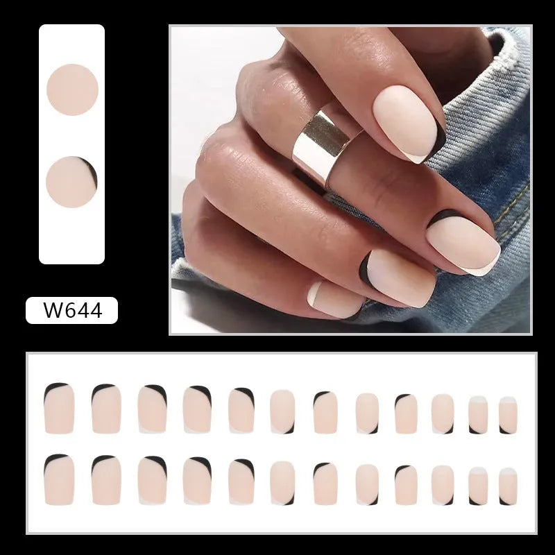 Set of black and white matte frosted false nails with mandarin duck colour design