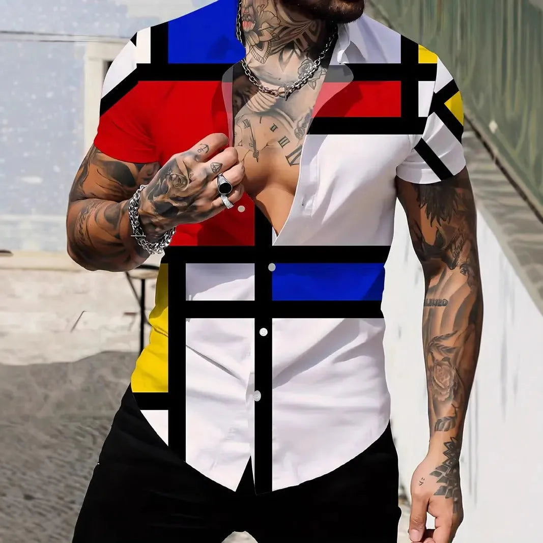 Men's slim-fit short-sleeve shirt with a geometric line pattern printed on the lapel.