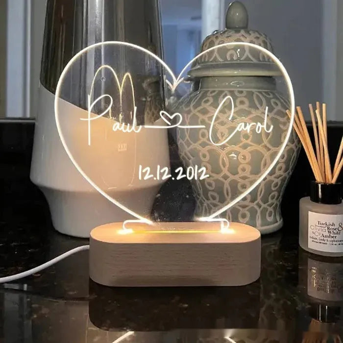 Personalised acrylic LED night light with custom names and date engraving