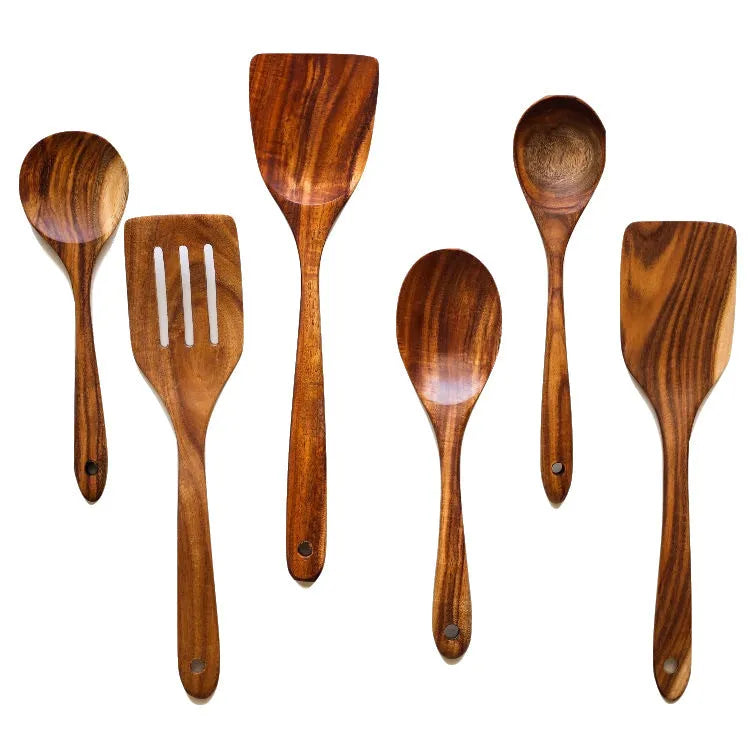 Seven-piece wooden cooking utensil set with spoon and shovel for non-stick pans