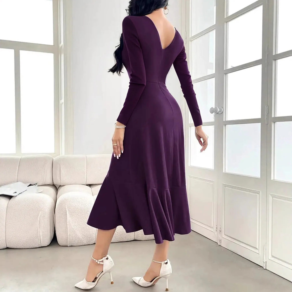 Purple women's long sleeve dress with ruffles and mid-waist design